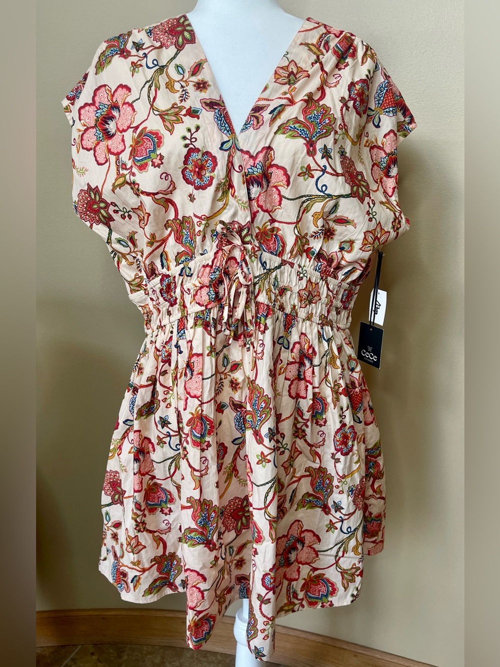 NWT CECE 💯 COTTON CAP SLEEVE MINIDRESS IVORY/POPPY RED WOMENS XL - Picture 6 of 14